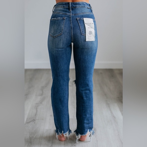 New Risen High Rise Straight Leg Jeans Ripped Knee Distressed Dark Wash - Picture 3 of 4